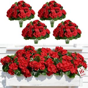 Alupssuc 16Pcs Artificial Geranium Flowers for Outdoors Decoration Silk Floral, UV Resistant Fake Plants, Faux Flower for Porch Garden Table Centerpieces Home Indoor Outside Spring Decor(16, Red)