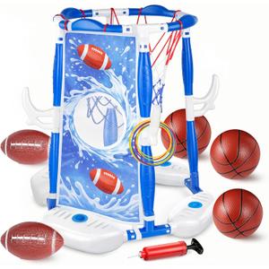 PJG Pool Basketball Hoop, 3-in-1 Floating Poolside Basketball Ring Game Football for Kids Ages 3-12, Outdoor Summer Swimming Pool Party Water Toy for Family Adults Boys Grils Birthday Gift (Blue)