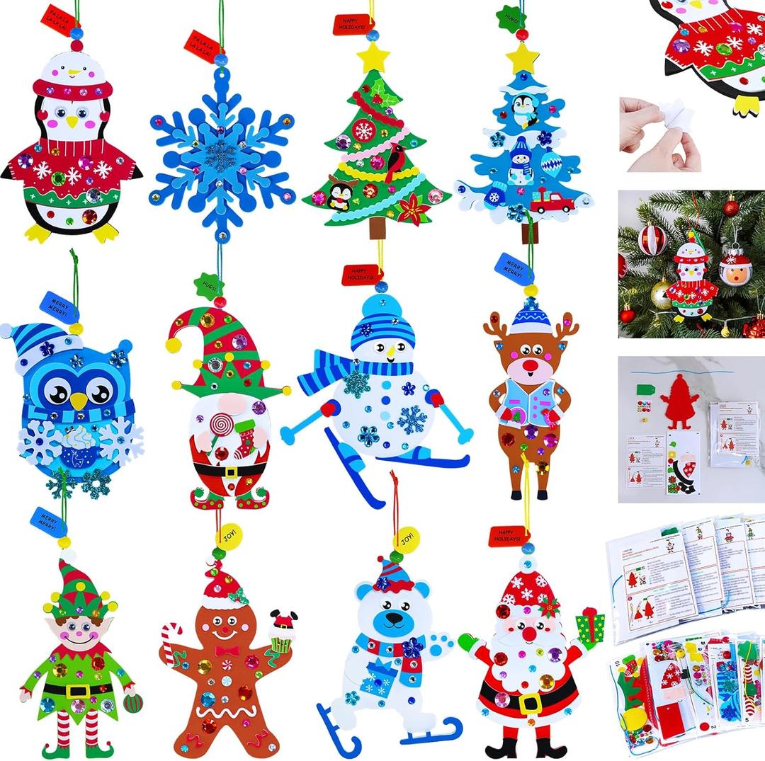 Winlyn 24 Sets Holiday Decorations DIY Christmas Tree Ornaments Winter Crafts Kits Foam Snowflake Penguin Snowman Foam Stickers for Kids Holiday Seasonal Gift Home Classroom Activities Party Favors
