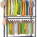 Homdox Double Rod Closet 3 Shelves Wire Shelving Clothing Rolling Rack Heavy Duty Garment Rack with Wheels and Side Hooks