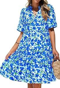 KIRUNDO Womens Summer Dresses Casual Boho Floral Mini Babydoll Short Sleeve A Line Dress V Neck Sundress Beach Vacation(White Blue Flower, Medium)