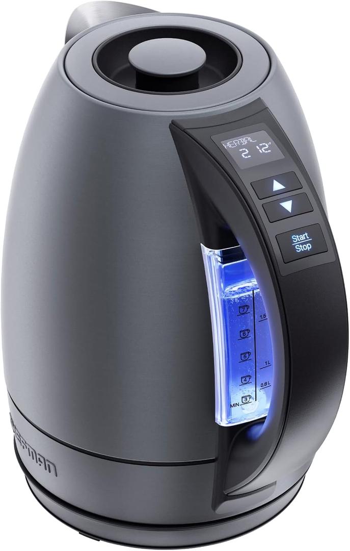Chefman Electric Tea Kettle, 1.8 Liter Hot Water Electric Kettle Temperature Control Water Boiler with 5 Presets, Tri-Colored LED Lights, Keep Warm, Automatic Shutoff, Grey
