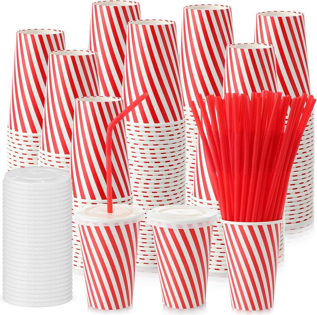 100 Set Red Stripe Paper Cups Bulk with Lids and Straws Disposable Paper Cups for Circus Carnival Party 12 oz Drinking Birthday Supplies for Coffee Juice (Twill)