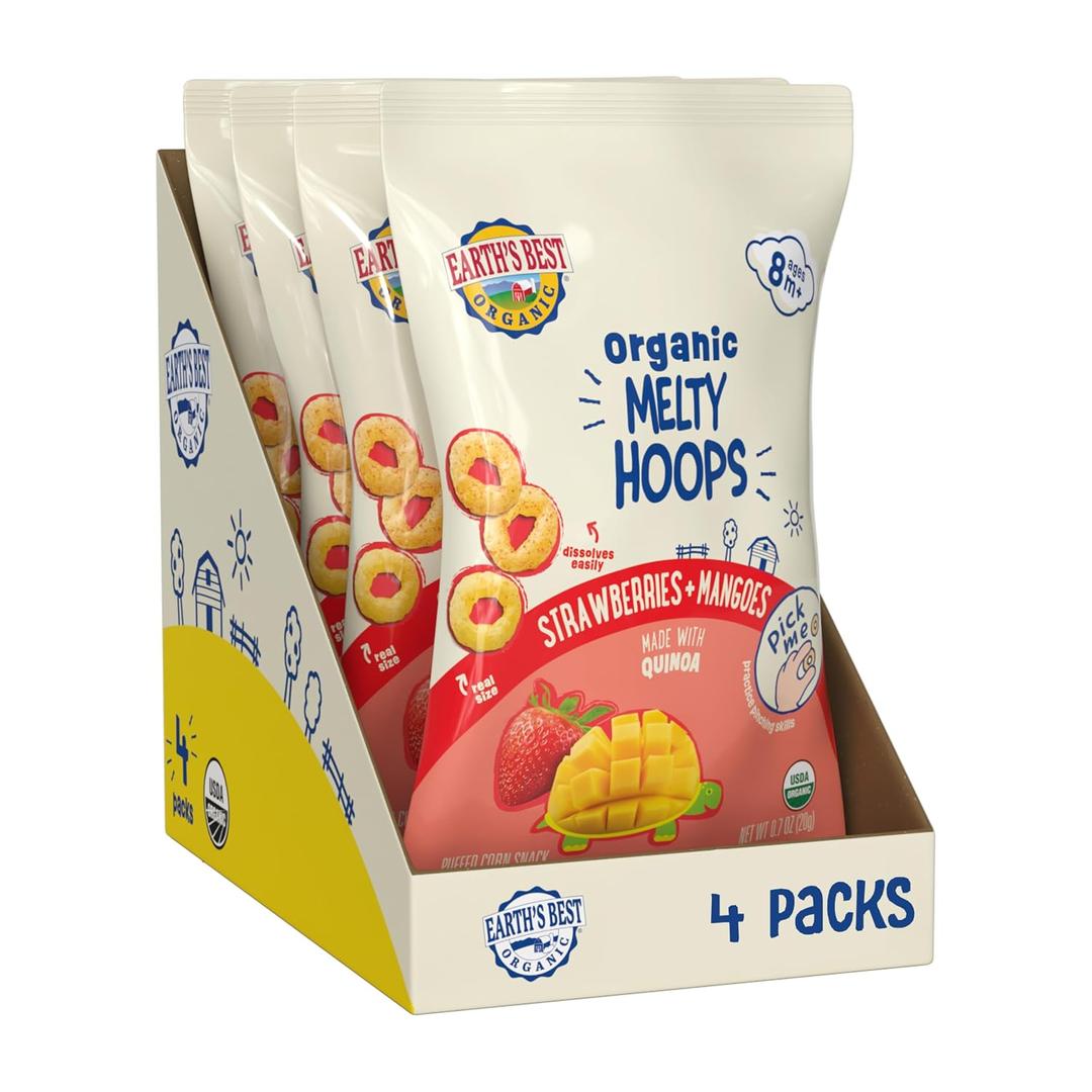 Earth's Best Organic Melty Hoops, Bite-Sized Snacks for Babies 8 Months and Up, Strawberry and Mango, 0.70 Ounce Bags (Pack of 4) (EXP 12/06/26)