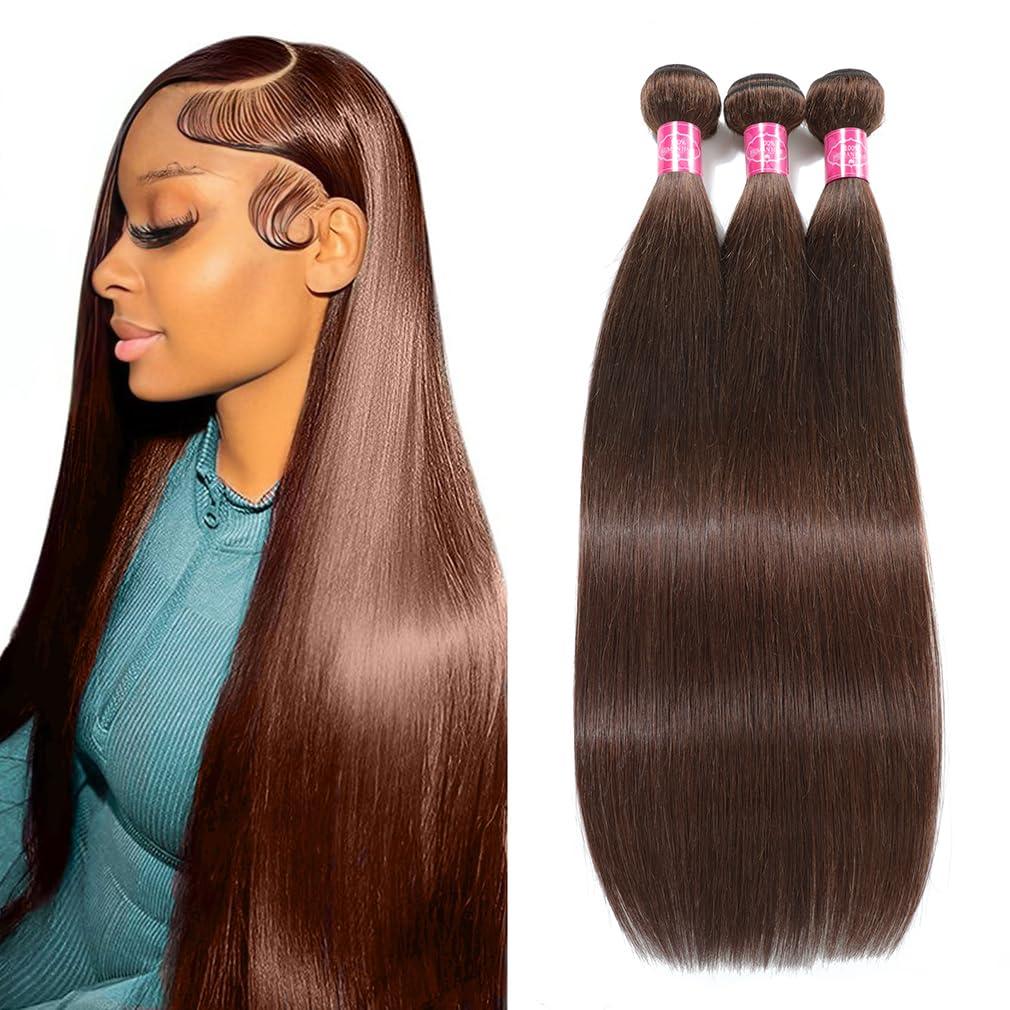 Brown Human Hair Chocolate Straight Bundles - 18, 20, 22 Inch Brazilian Virgin #4 Grade