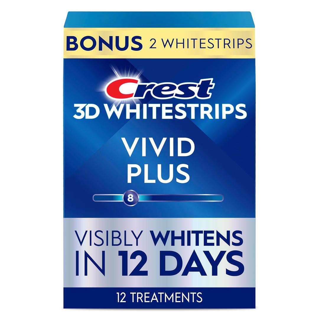 Crest 3D Whitestrips Vivid Plus, Teeth Whitening Strip Kit, 10 Treatments + 1 Bonus Treatments (Each with 1 Upper/1 Lower Strip), 24 Strips, 8 Levels Whiter, Teeth Whitening Kit