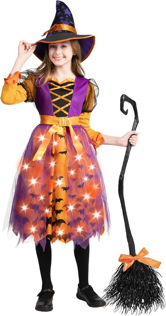 Spooktacular Creations Light Up Polka Dots Witch Tutu Costume for Girls Toddlers Starry Witch Dress with Magic Hat and Broom (S)