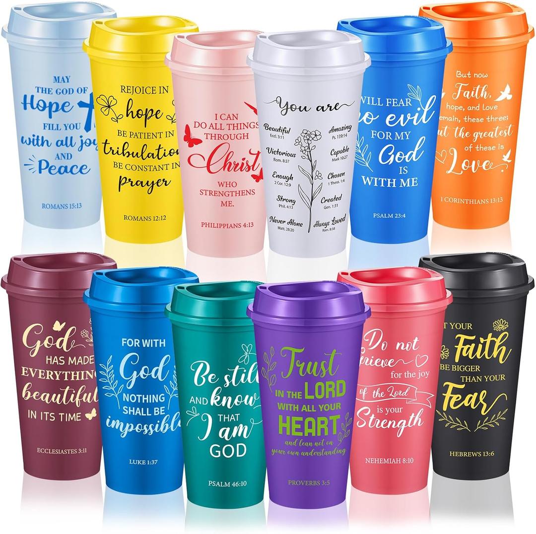 FillTouch 12 Pcs Christian Cups Bulk for Women, Church Religious Gifts Coffee Mugs with Bible Verse, 16oz Spiritual Cups for Mother's Day (Bible,Colorful)