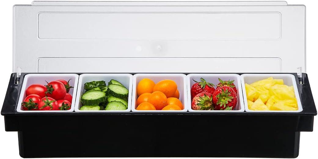 Ice Cooled Condiment Serving Container-5 Compartment Chilled Garnish Tray Bar Caddy with Hinged Lid (5 Compartments)