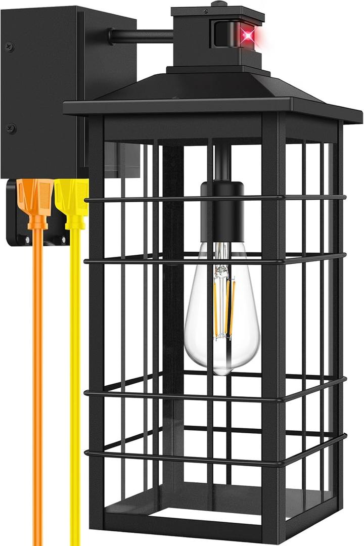 18inch Large Size Motion Sensor Porch Light with GFCI Outlets, Dusk to Dawn Black Outdoor Wall Light Fixture, 3 Modes Exterior Lighting Fixture Waterproof Outside Wall Lantern Sconce for House, 1-Pack