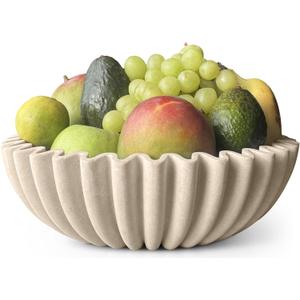 12" Extra Large Decorative Bowl Decorative Fruit Bowl for Kitchen Counter, Modern Handmade Bowls for Home Decor, Ruffle Decor, Stylish Key Bowl for Entryway Table, Beige Artificial Stone
