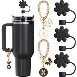 Compatible with Stanley Cup Accessories, 3PCS Straw Toppers for Stanley Straw Cover Cap, 2PCS Cute Letter for 30&40 Oz Tumbler with Handle (Black)