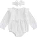 Newborn Infant Baby Girl Clothes Cotton Linen Long Sleeve Smocked Bubble Romper Ruffle Bodysuit Jumpsuit Fall Outfit 0-3M White