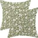 Block Print Pillow Covers 18x18 Set of 2 Vintage Sage Green Floral Throw Pillow Covers Rustic Boho Decorative Flowers Pillowcase Farmhouse Linen Cushion Cover for Home Sofa Couch Outdoor Decor