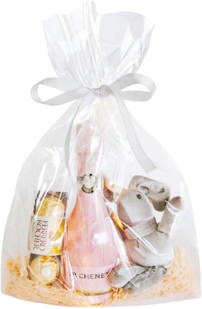 QKEEDSN 100 Pcs 10 x 14 Inches Clear Cellophane Gift Bags with 3.1 Inches Gold Twist Ties, Great for Goodies, Party Favors, and Holiday Gifts Wrapping