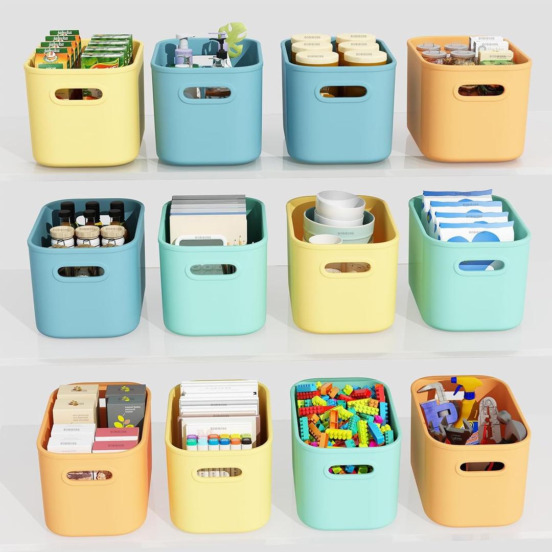 12 Pack Colorful Storage Bins for Shelves, Plastic Storage Containers for Organizing, Stackable Storage Boxes with Handle, Colored Storage Bins for Classroom, Craft, Snacks, Cabinet, 9.7x6.7x5.7 inch
