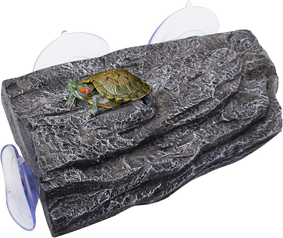 Turtle Basking Platform,Fish Tank Aquarium Tortoise Climbing Platform with 3 pcs Suction Cups,Float Resting Terrace for Frogs, Terrapins(Artificial Bark,Rock) (Grey)