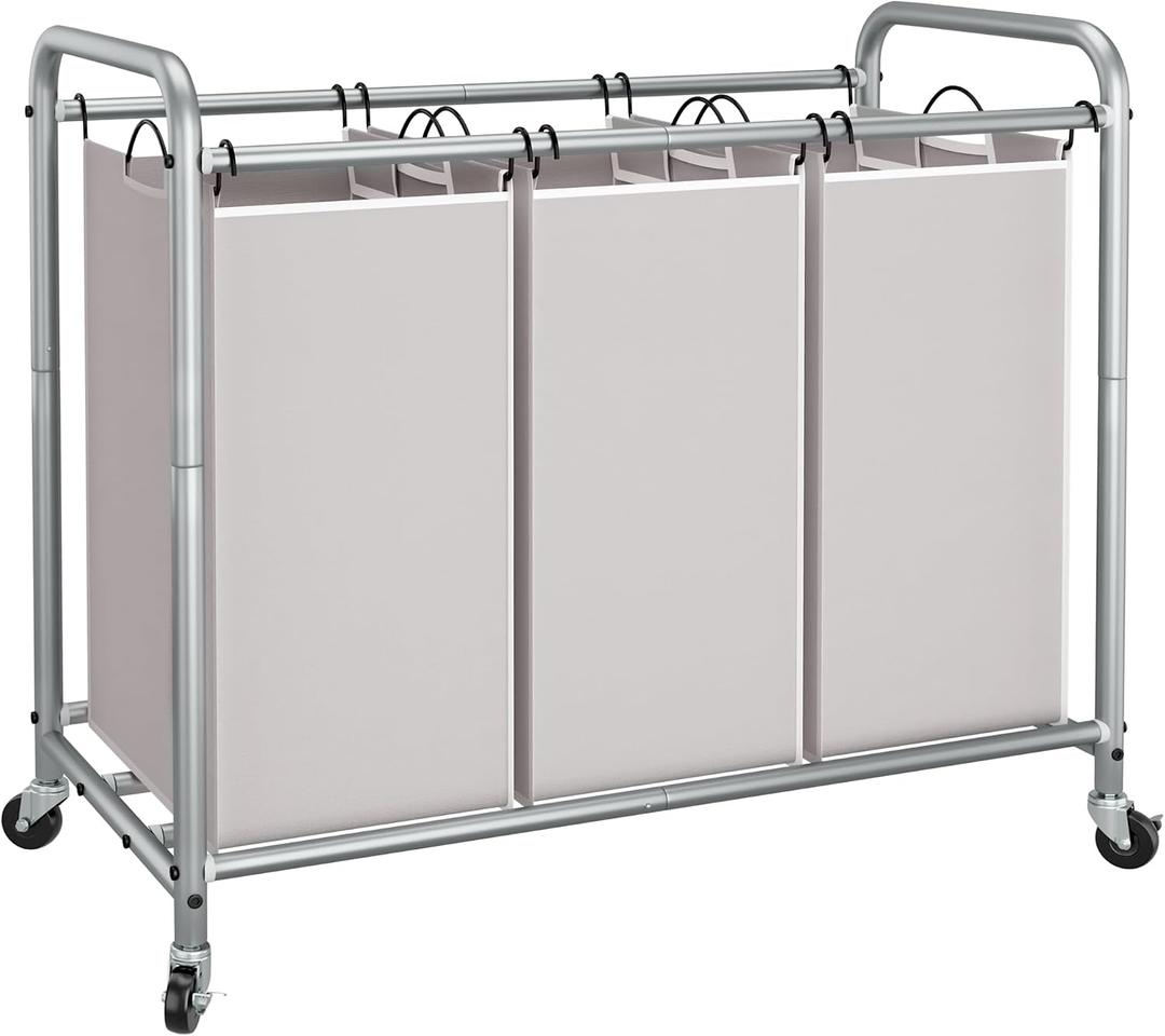 STORAGE MANIAC 3 Section Laundry Sorter, 35.6 Gal (135 L) Laundry Hamper Cart with Heavy Duty Rolling Lockable Wheels and Removable Bags, Clothes Organizer Basket Clothes Separator Hamper, Gray