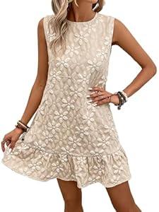 Women's Ruffle Hem Jacquard Dress Casual Sleeveless Tank Floral Mini Dress Smock Wedding Guest Dresses (Beige, Small)