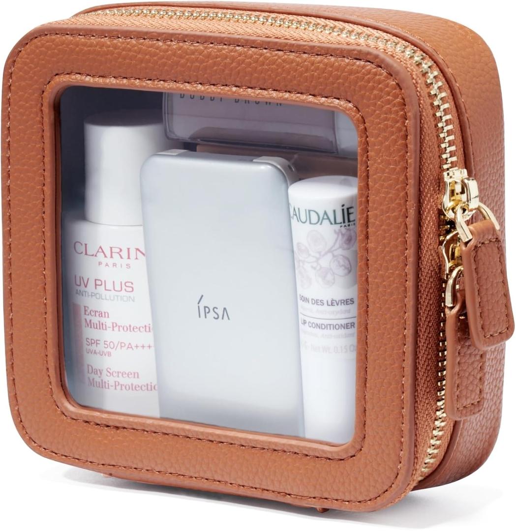 Popvibe Clear Makeup Bag Travel Cosmetic Case Transparent Toiletry Bag with Zipper, Portable Make Up Organizer Traveling Compact Car Bag for Essentials (Brown)