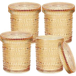 Flrolove 4-Pack Glass Qtip Holder Dispenser, 10oz Bathroom Organizers and Storage, Hobnail Cotton Round Holder for Qtips, Cotton Rounds, Balls & Floss Picks, Vanity & Makeup Apothecary Jars (Amber)