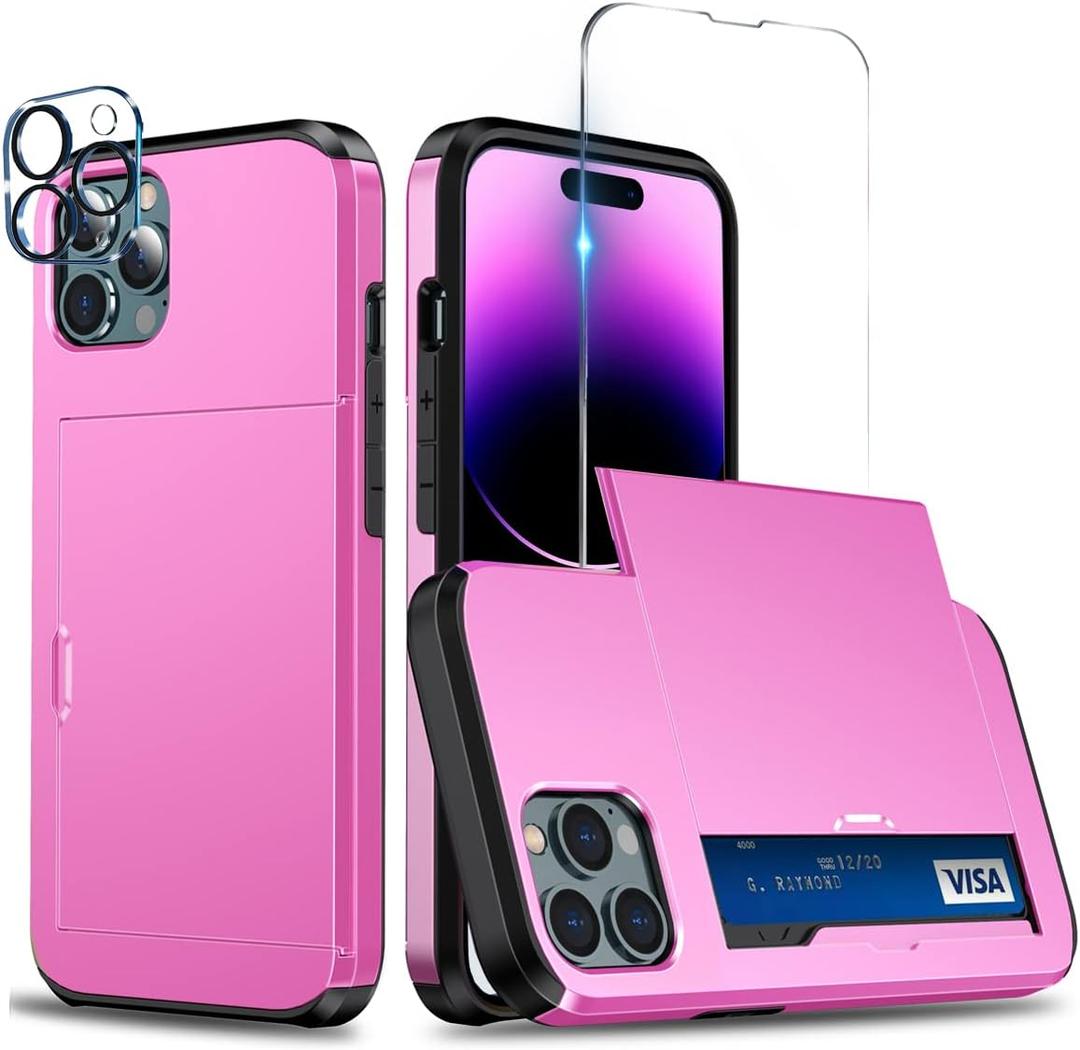 for iPhone 14 Pro Max Case Card Holder Slot 6.7 inch Wallet Phone Cover, 1 Tempered Glass Screen Protector+1 Camera Lens Protector Rose Pink