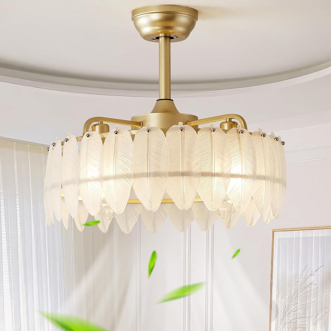 Gold Crystal Fandelier Ceiling Fan with Light, 20 Gold Crystal Ceiling Fans with Lihgts Remote Control, Modern Mid-Century Crystal Caged Ceiling Fan with 6 Speeds for Bedroom,Nursery,Living Room