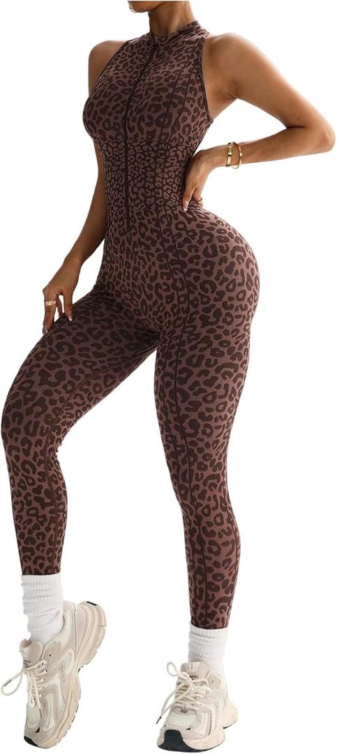 WDIRARA Women's Leopard Workout Jumpsuit Zip Front Scrunch Butt Yoga Bodycon Pants Romper Unitard (XL, Coffee Brown)