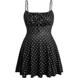 Verdusa Women's Plus Size Polka Dots Dress for Women Holiday Flowy Short Dresses (Black, XL)