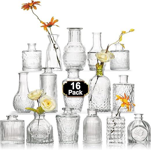 Glass Bud Vase Set of 16 Pcs，Small Flower Vase for Centerpieces，Clear Bud Vases in Bulk， Mini Vintage Vase for Rustic Wedding Decorations