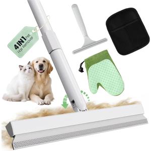 Carpet Rake for Pet Hair Removal Tool - 4 in 1 Pet Hair Remover Kit for Dog Cat Fur Remover, Contain 60" Adjustable Rubber Broom, Glove, Magic Brush and Scraper for Furniture,Short Pile Carpets, Mats (Pearl White)