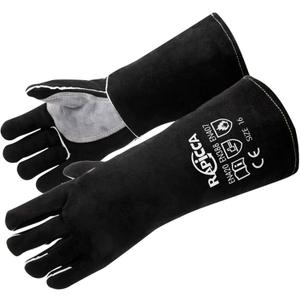 RAPICCA Welding Gloves Fire Heat Resistant: Black 16IN - Fireproof Leather For Stick Mig Flux-Core Welder Forge Blacksmith Fireplace Wood Stove Fire Pit Furnace Handling Dry ice - One Size 662