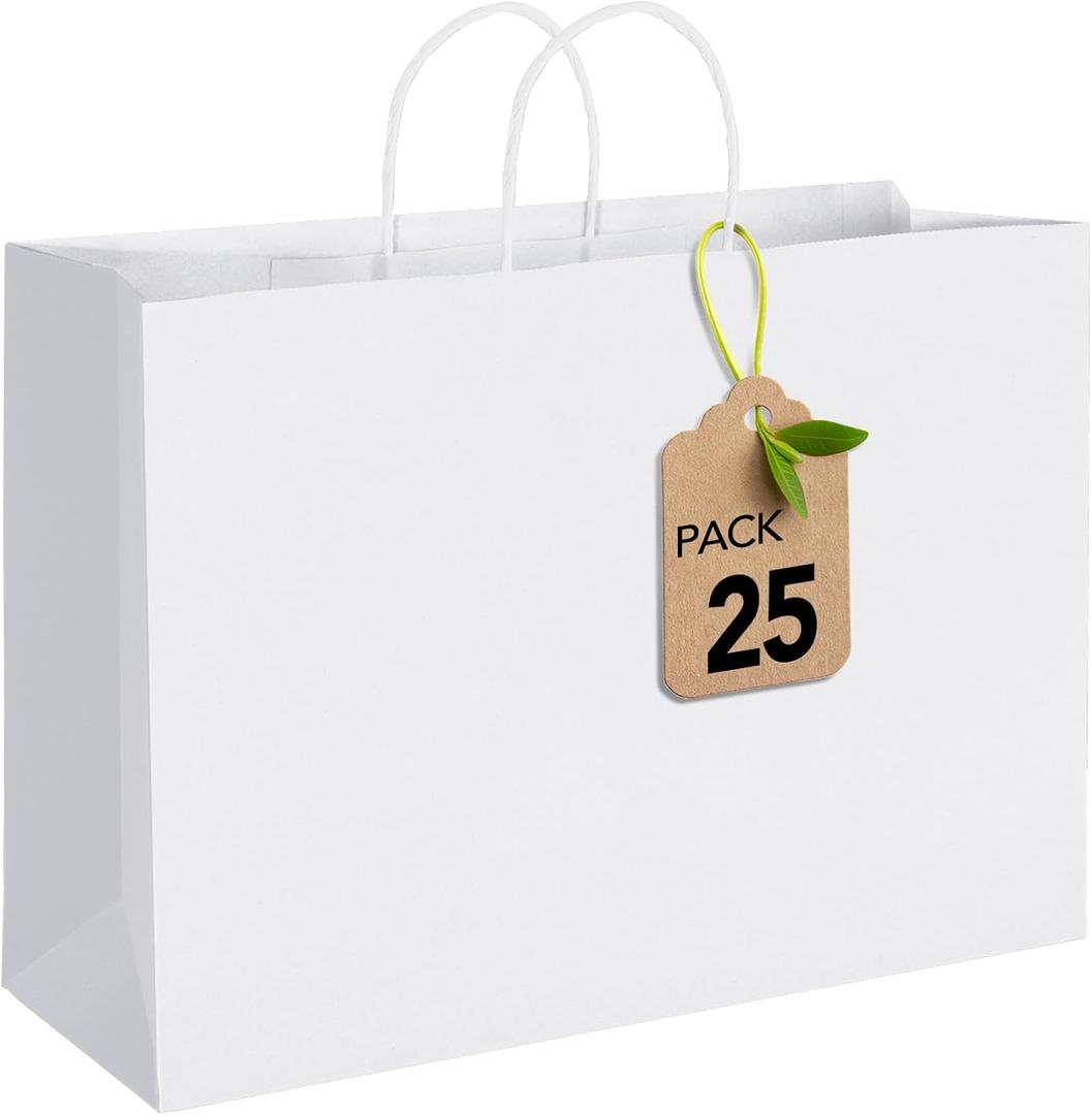 MESHA Gift Paper Bags White X-Large 16x6x12 25 Pack, Kraft Gift Bags with Handles for Shopping Birthday Party Favor Grocery Retail Merchandise Wedding Sacks