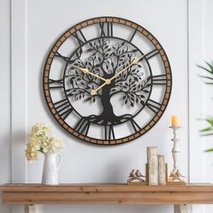 Micasso 24 in Large Tree of Life Wall Clock, Metal Black Modern Wall Clock with Solid Wood Frame, Oversized Non-Ticking Battery Operated Silent Clock for Office,Living Room,Kitchen. (24*24 Inch)