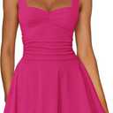 IWD Women's Square Neck Sleeveless Mini Dress Ruched Waist Tiered Ruffle Hem A Line Short Dresses (Pink, M)