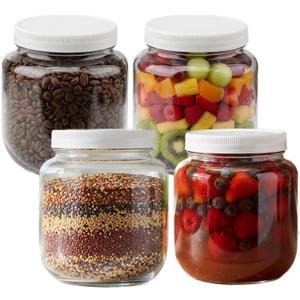 Half Gallon Glass Jars with Lids, 4 Pcs 64 oz Extra Wide Mouth Glass Storage Jars, Plastic Lids with Silicone Rings, for Pantry Organization, Fermentation, Pickling, Dry Food, Flour, Rice