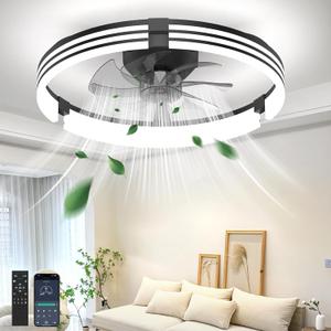Ceiling Fans with Lights and Remote, 19.7" Black Low Profile Ceiling Fan, Modern Flush Mount LED Fan Light, 6 Wind Speeds Fandelier Ceiling Fan with Light for Bedroom, 3000-6500K Dimmable