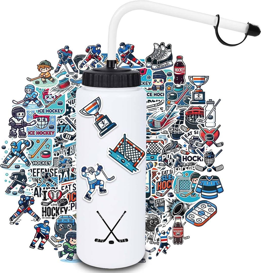 Hockey Gifts,1 Pack Hockey Water Bottle with Long Straw and 100PCS Stickers Accessories Stuff for Boys Men Player Lovers (1L,Squeeze,BPA-Free)