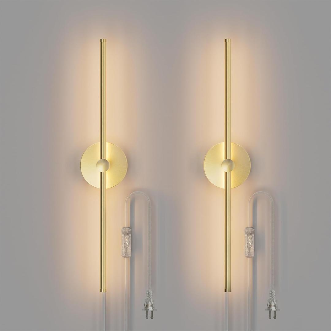 ZAGO Plug in or Hardwired Linear Wall Sconce: 24 Inch LED Indoor Modern Linear Wall Lights Set of Two with On/Off Switch, 5CCT Switchable, Brushed Gold, Dimmable for Living Room, Bedroom, Hallway