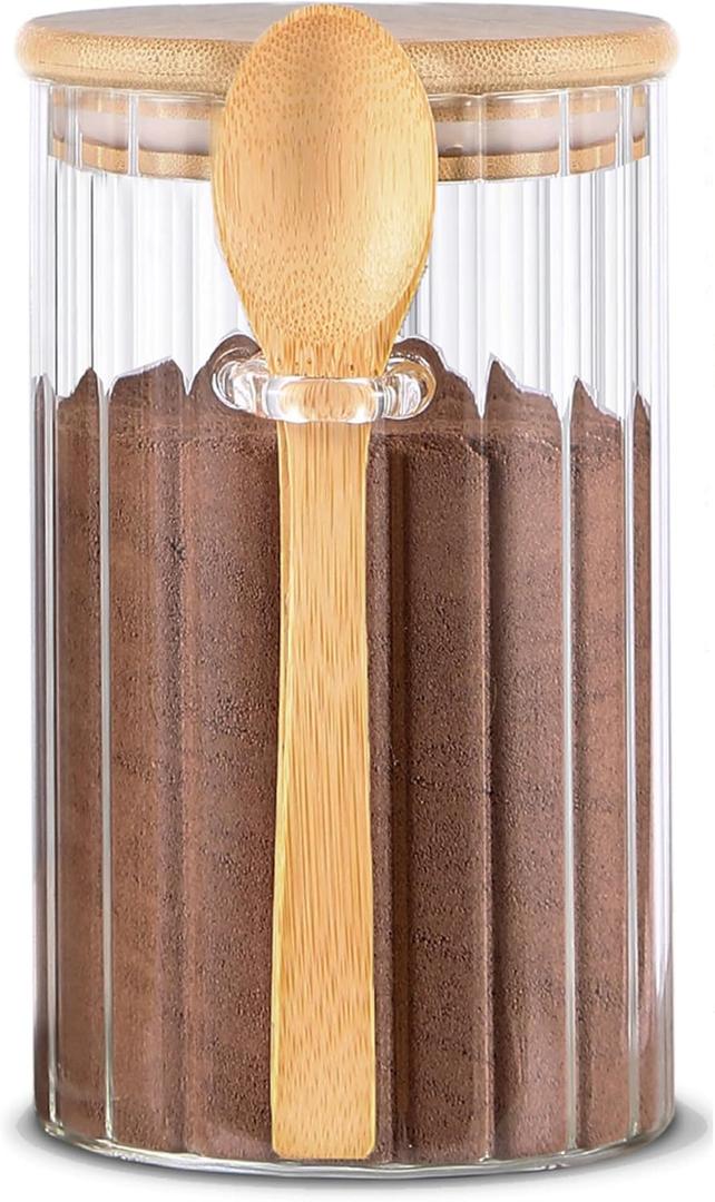 Steviieden 24 FL OZ Airtight Glass Jar with Bamboo Spoons Lids Overnight Oats Container Decorative Coffee Bar Food Storage Jar Cereal Nuts Salts Coffee Tea Flour Sugar Container Spice Jar
