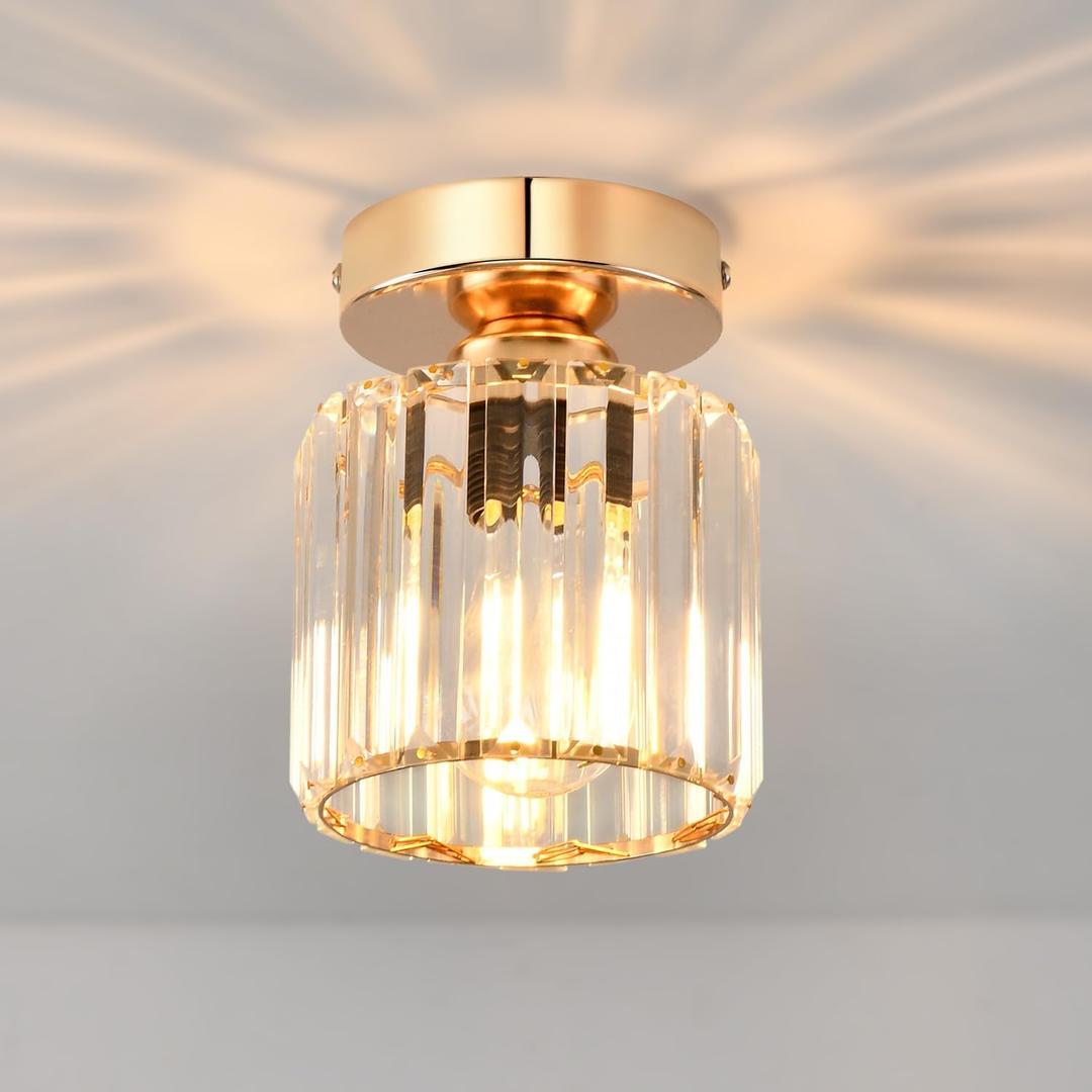 ANWIO Mini Crystal Semi Flush Mount Ceiling Light Fixture, Gold Small Chandelier Hallway Light Fixtures for Foyer Entryway Walk-in Closet, Fit E26 Base Bulbs, 1-Light, 5.3inch