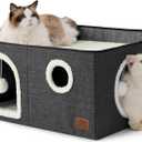 Bedsure Large Cat Beds for Indoor Cats - Extra Wide Cat Cube House for Small Pet with Fluffy Ball Hanging and Scratch Pad, Foldable Pet Cave Hideaway for Multiple Cats, 23.6x16.9x13 inches, Dark Grey