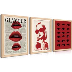 Trendy Downtown Girl Wall Art Y2k Room Decor Vintage Fashion Red Lips Eye Canvas Poster Prints Large 2000s Coquette Decor Aesthetic Pictures for Bedroom Living Room Framed 12x16 Inch