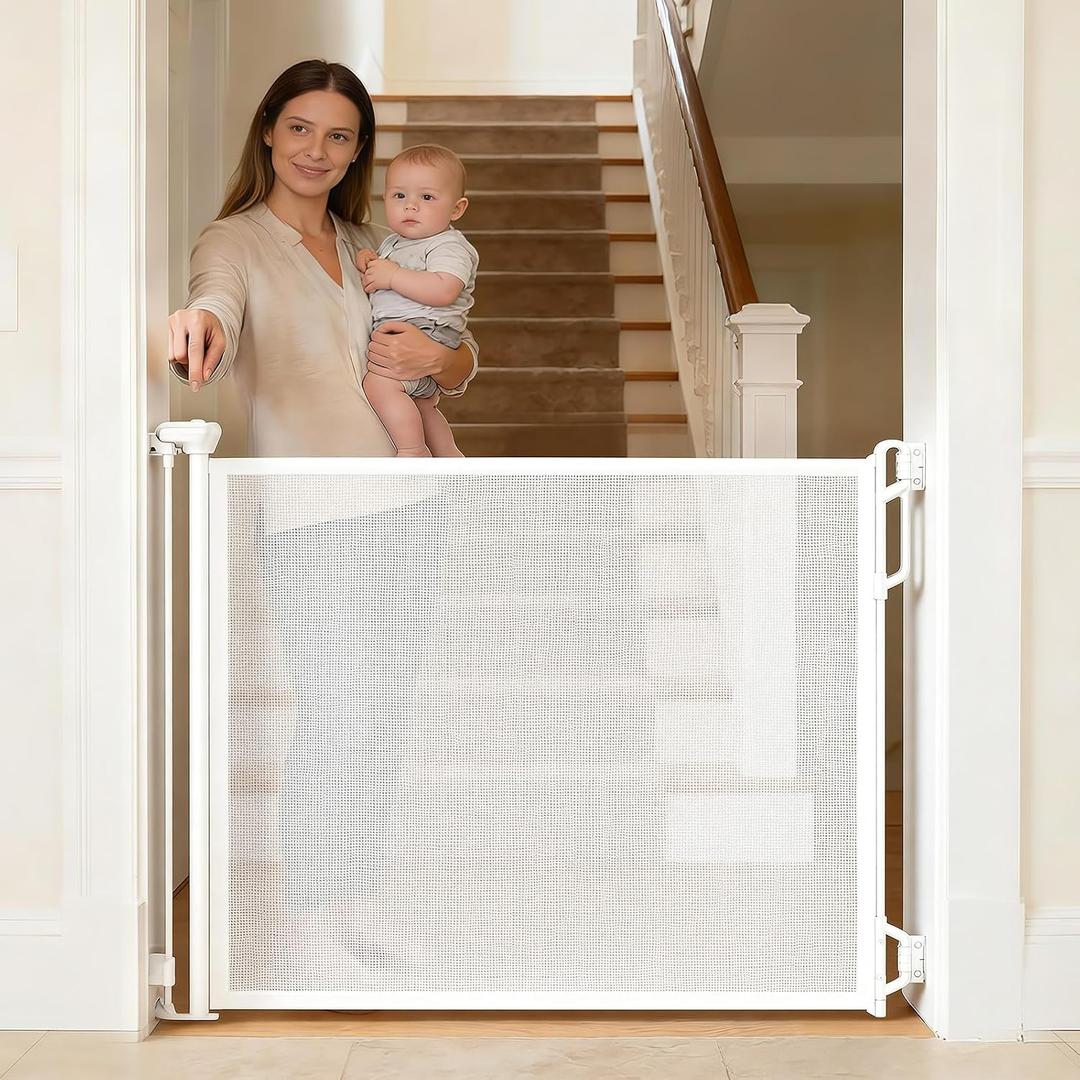 Spaceany Retractable Baby Gate, 55" Wide Mesh Gate, White Hardware-Mounted Mesh Gate With Baseboard-Friendly Brackets For Doorways, Hallways, Stair Bottoms And Pets Up To 50 Lb