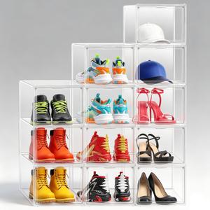 12 Pack Clear Shoe Storage Boxes Stackable, Large Sneaker Organizer with Acrylic Magnetic Door, Plastic Drop Front Shoe Containers for Men up to Size 12.5, Transparent Shoe Organizer for Closet