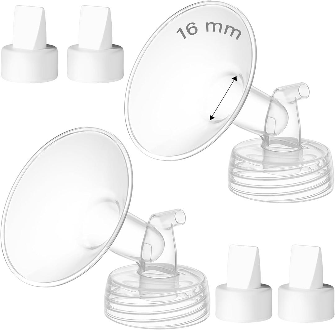6PCS 16mm Breast Pump Flanges, Duckbill Valves Compatible with Spectra S1/S2/9Plus/Synergy Gold, Motif Luna, Wide-Mouth Bottle Fit, Breast Pump Accessories