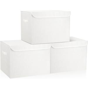 Bagnizer Large 17" 42 Quarts Collapsible Stackable Storage Bins with Lids [3-Pack] Foldable Fabric Linen Storage Boxes Cube, Closet Organizer Baskets with Label (16.7 x 12 x 12, White)