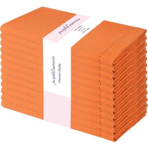 PurpleEssences Set of 12 Hemstitch Cloth Dinner Napkins 100% Cotton - Soft Durable Washable - Ideal for Wedding Christmas Holiday Winter - Perfect Everyday Use Table Linen 18x18 - Orange