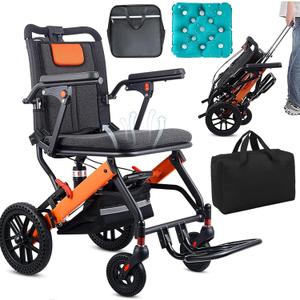 Upgraded Transport Wheelchair, Come with Telescopic Handle, Inflatable Seat Cushions, Wheelchairs for Adults, Lightweight Transport Wheelchairs, Travel Wheelchair Lightweight Foldable with 3 Bags with Black Telescopic Handle