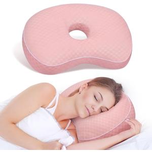 Ear Piercing Pillow for Side Sleepers with an Ear Hole for CNH and Ear Pain Ear Inflammation Pressure Sores, Cotton and Polyester Adjustable Filling Washable and Adjustable Ear Guard Pillow, Pink